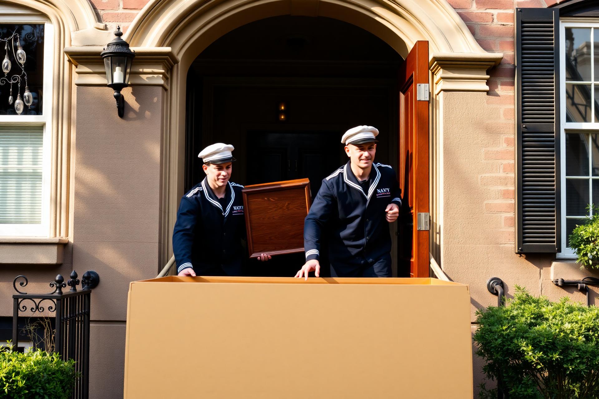 Morris Moving Company crew carrying furniture into a Boston brownstone