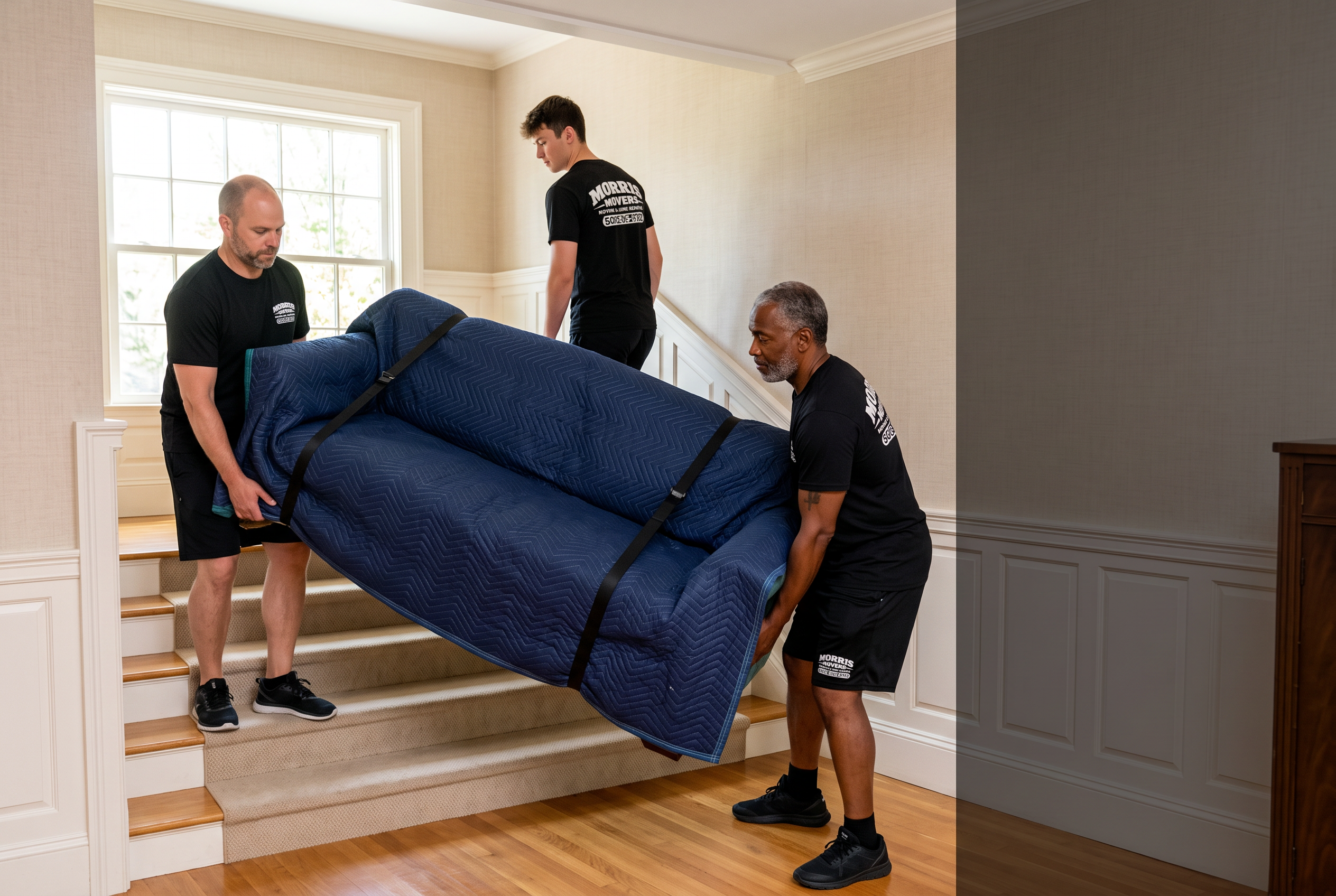 Morris Movers crew carrying a sofa protected with blue moving blankets
